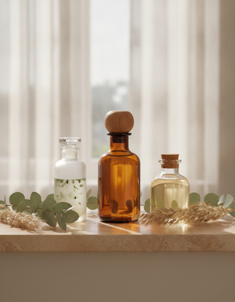 Three apothecary bottles of botanical hair serum with eucalyptus and dried grasses on marble