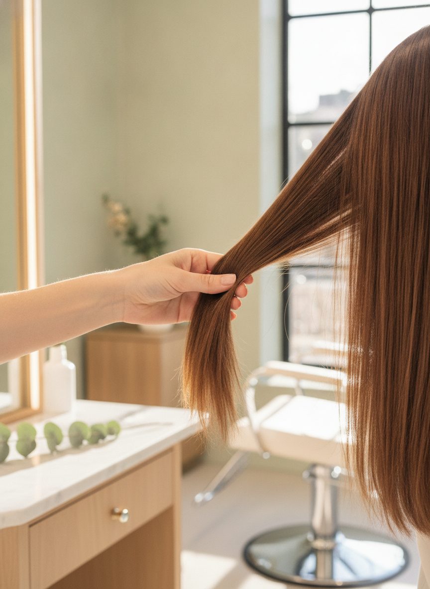 A hand smoothing a long, glossy lock of chestnut hair beside a window
