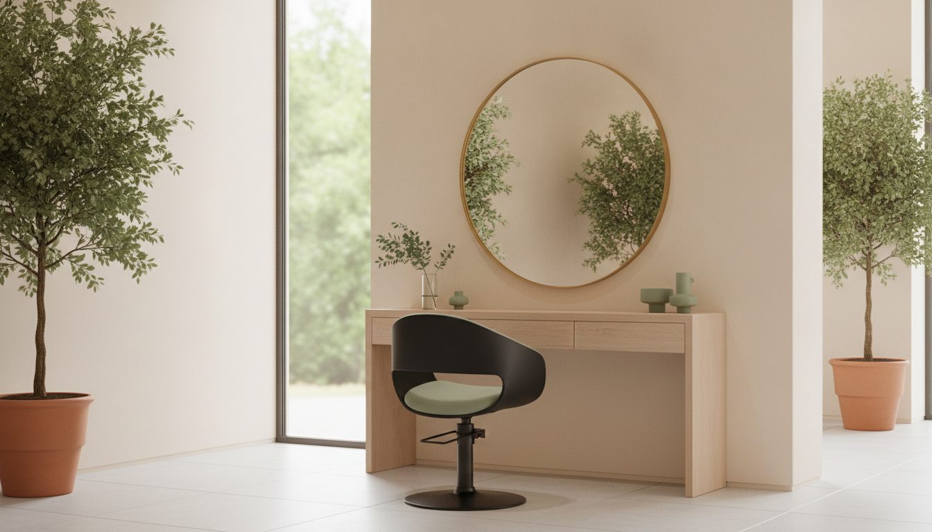 A bright styling station with a round mirror and potted greenery by a window