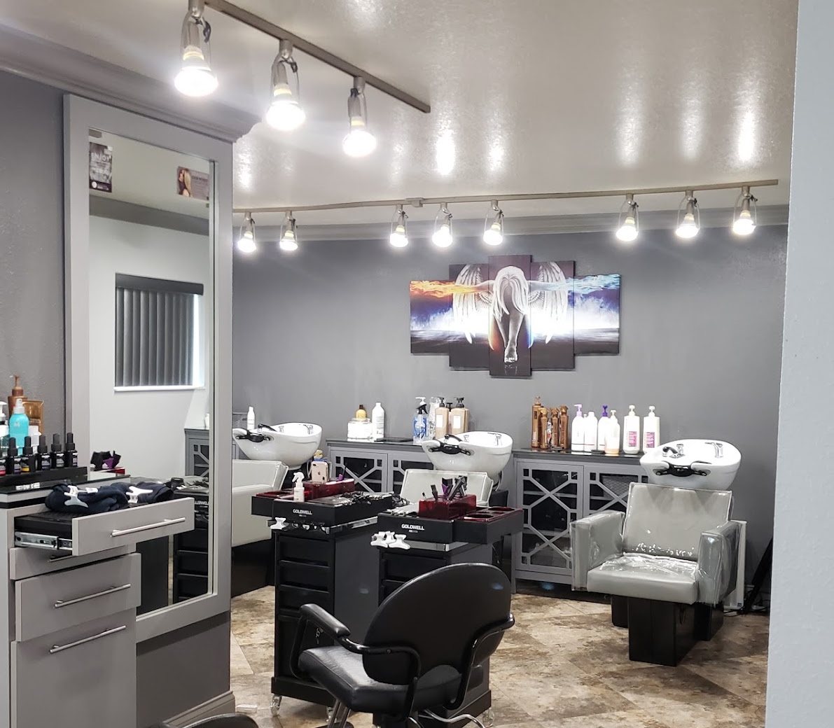 Interior of Salon Ezenzia with three wash and styling stations