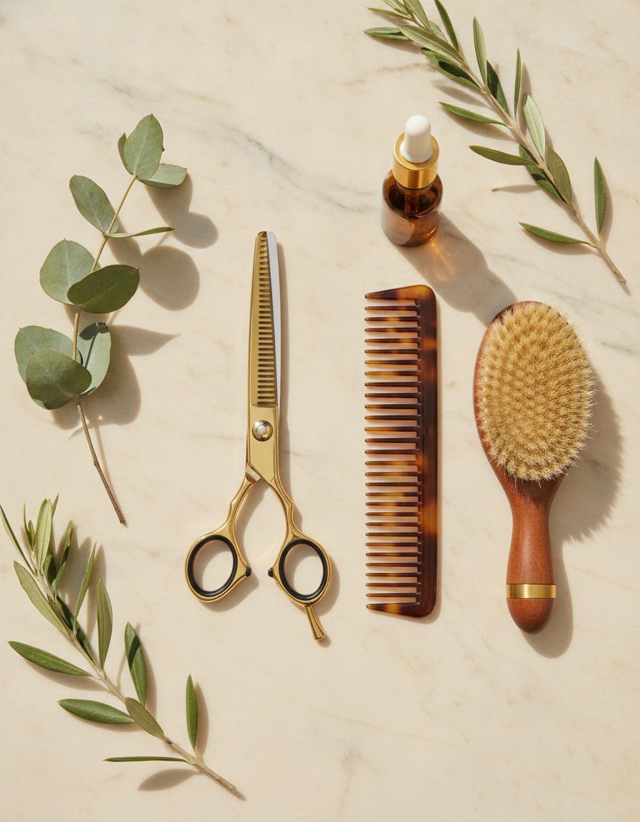 Flatlay of hairdressing shears, a tortoiseshell comb, a boar-bristle brush and a bottle of hair oil on marble with eucalyptus
